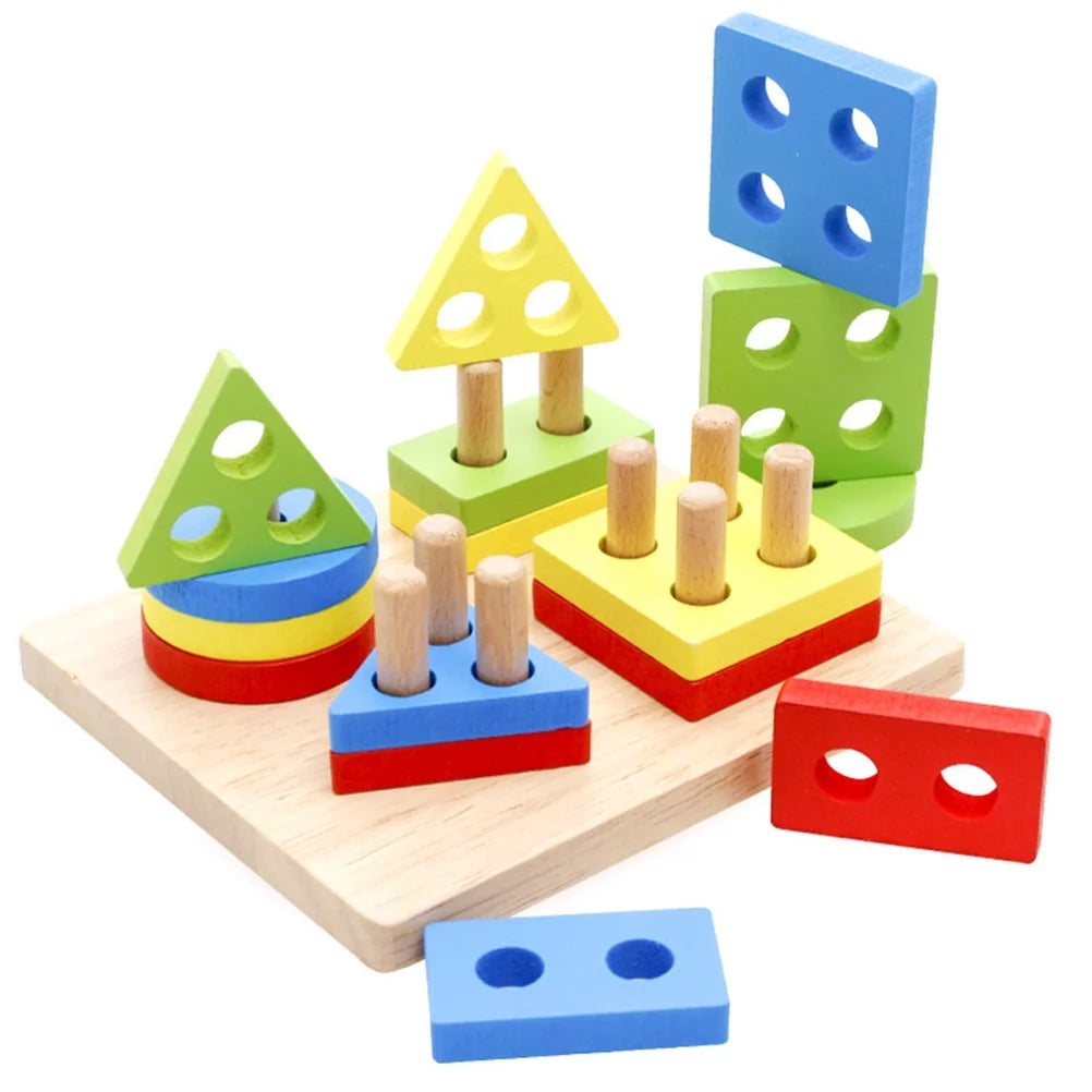 Kids Wooden 4 Geometric Assembling Stacking Blocks